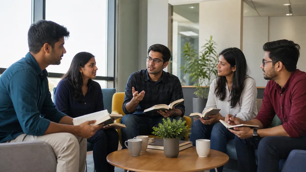 Innovage Cloud colleagues discussing books in the office lounge
