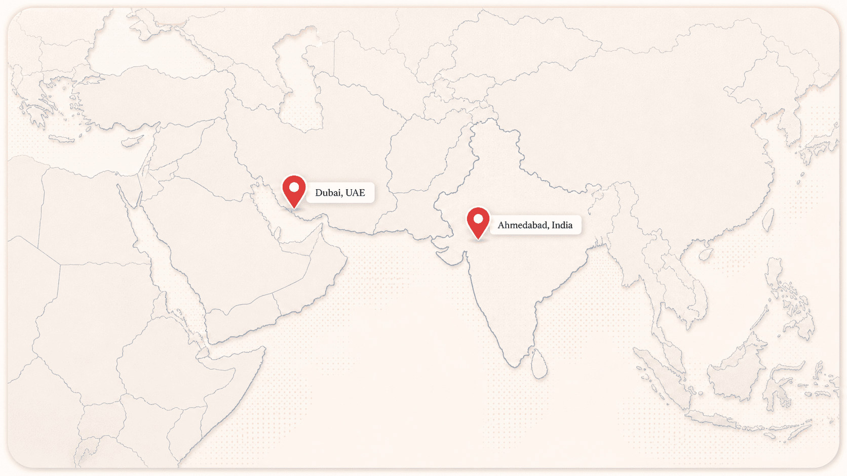 Innovage Cloud locations marked in Ahmedabad, India and Dubai, UAE