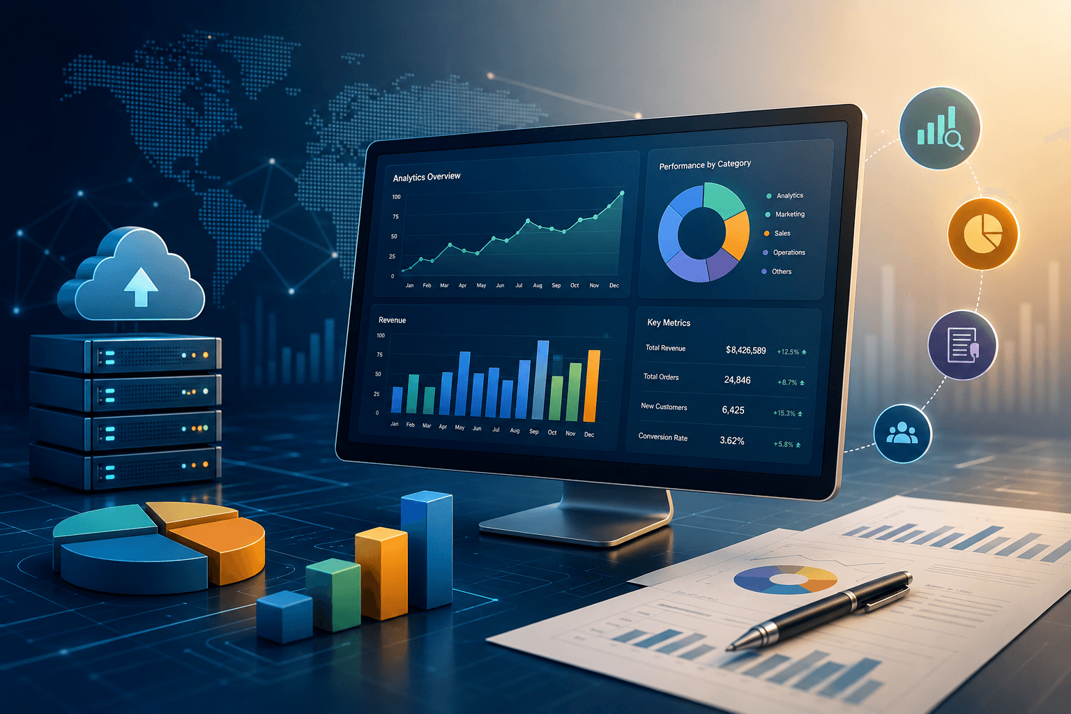 Analytics dashboard with charts, business metrics, and reporting tools