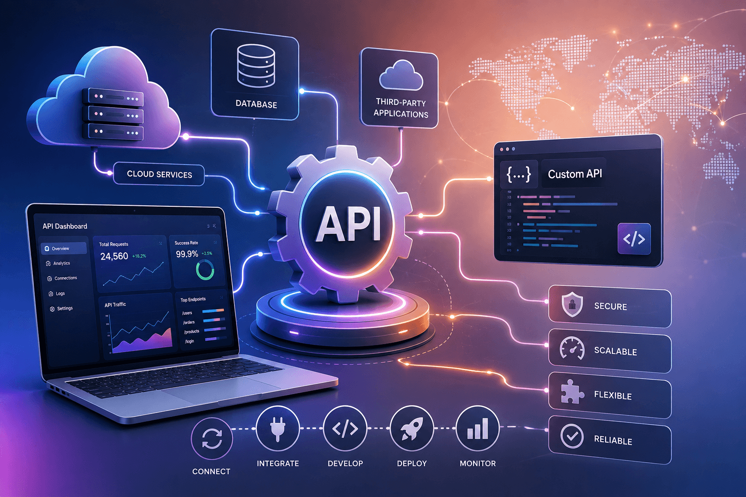 Custom API platform connecting cloud services, databases, and third-party applications