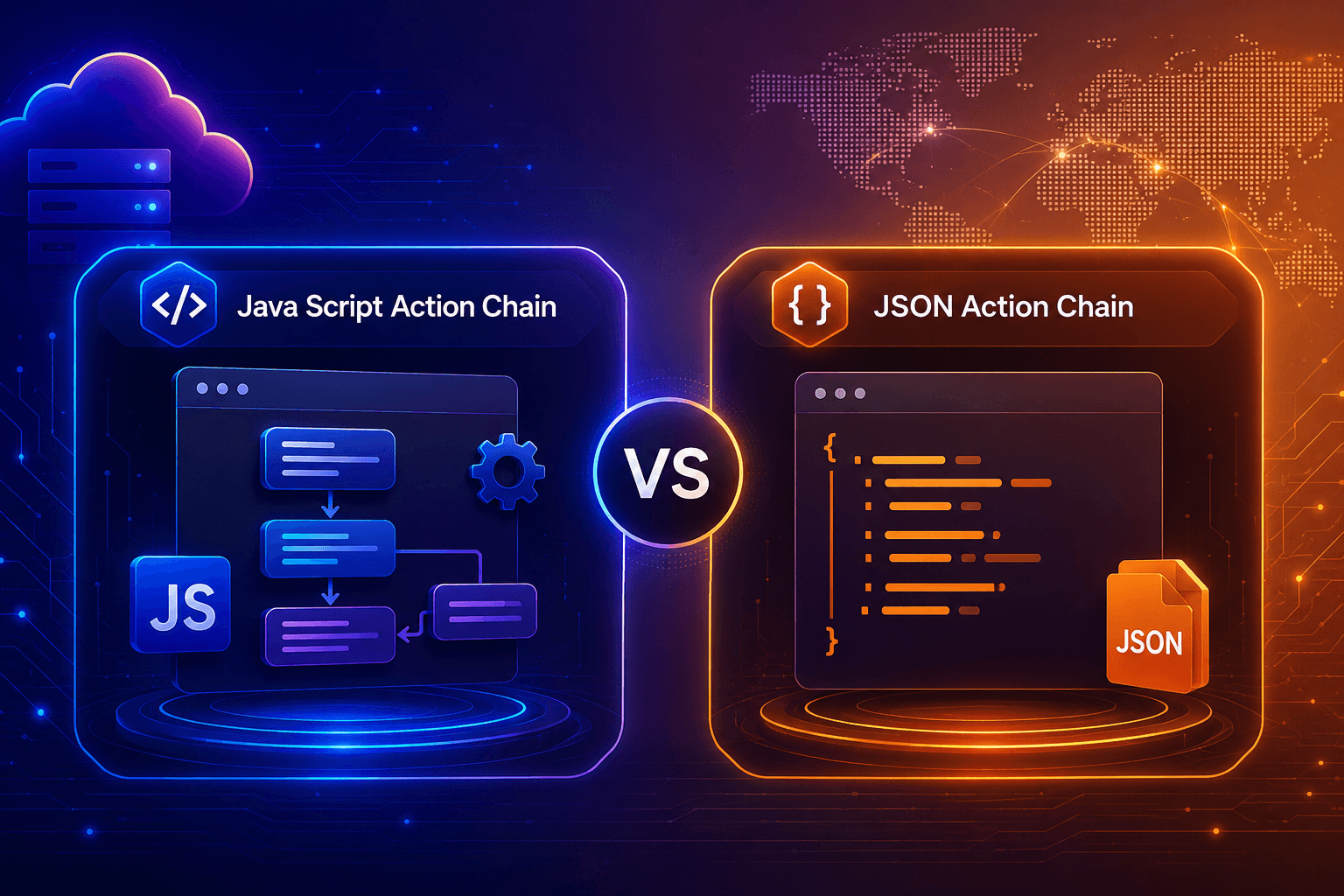 Comparison of JavaScript and JSON action chains in Oracle Visual Builder