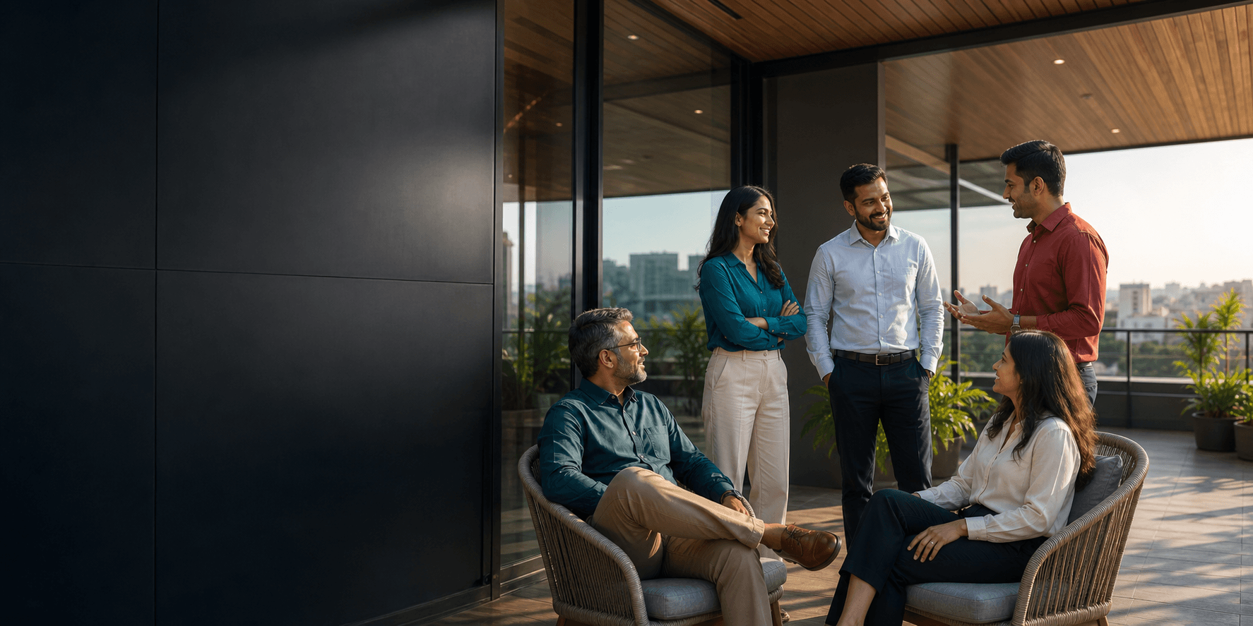 Innovage teammates sharing a conversation on the office terrace